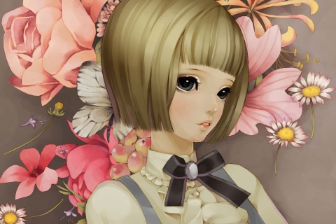 Anime Style Girl And Pink Flowers wallpaper 480x320
