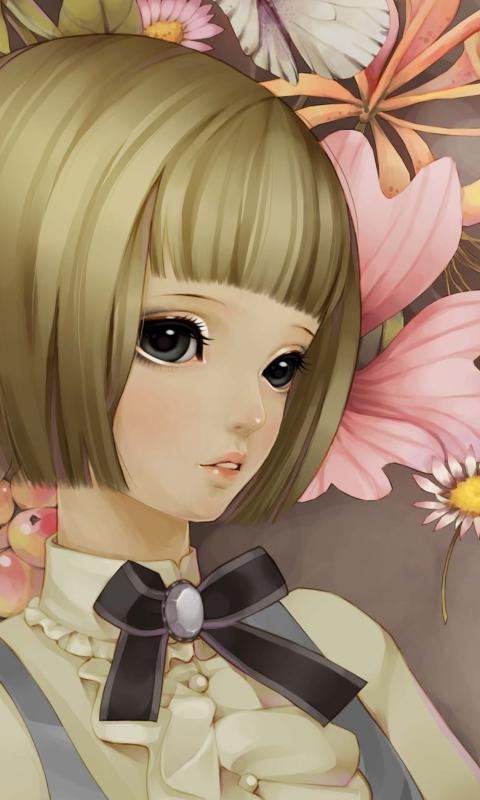 Das Anime Style Girl And Pink Flowers Wallpaper 480x800