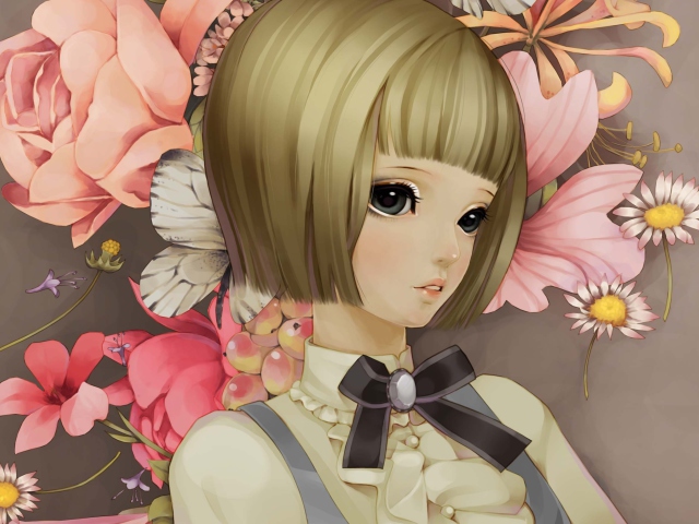 Fondo de pantalla Anime Style Girl And Pink Flowers 640x480