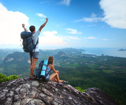 Sfondi Happy Couple On Mountain Top 480x400