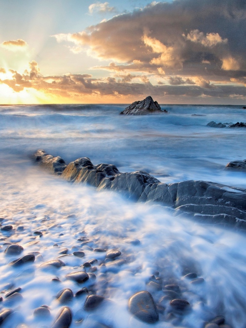 Amazing Oceanscape And Golden Clouds wallpaper 480x640