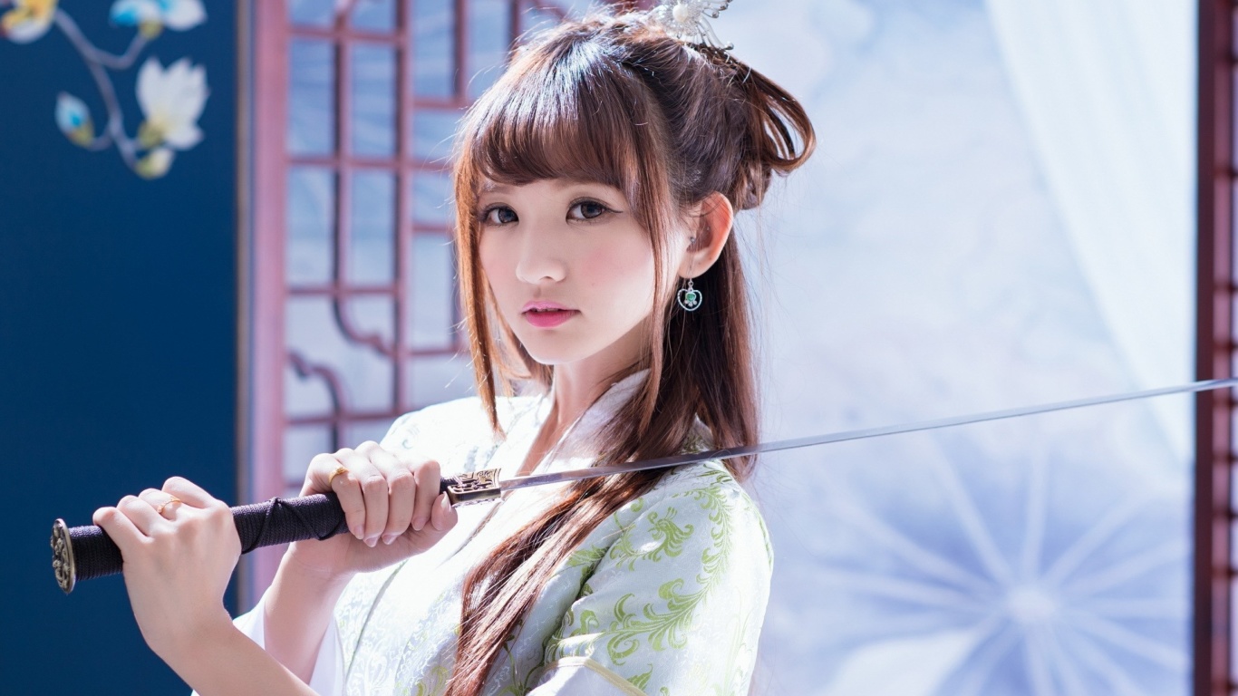 Samurai Girl with Katana wallpaper 1366x768