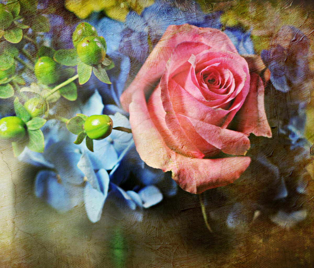 Das Pink Rose And Blue Flowers Wallpaper 1200x1024