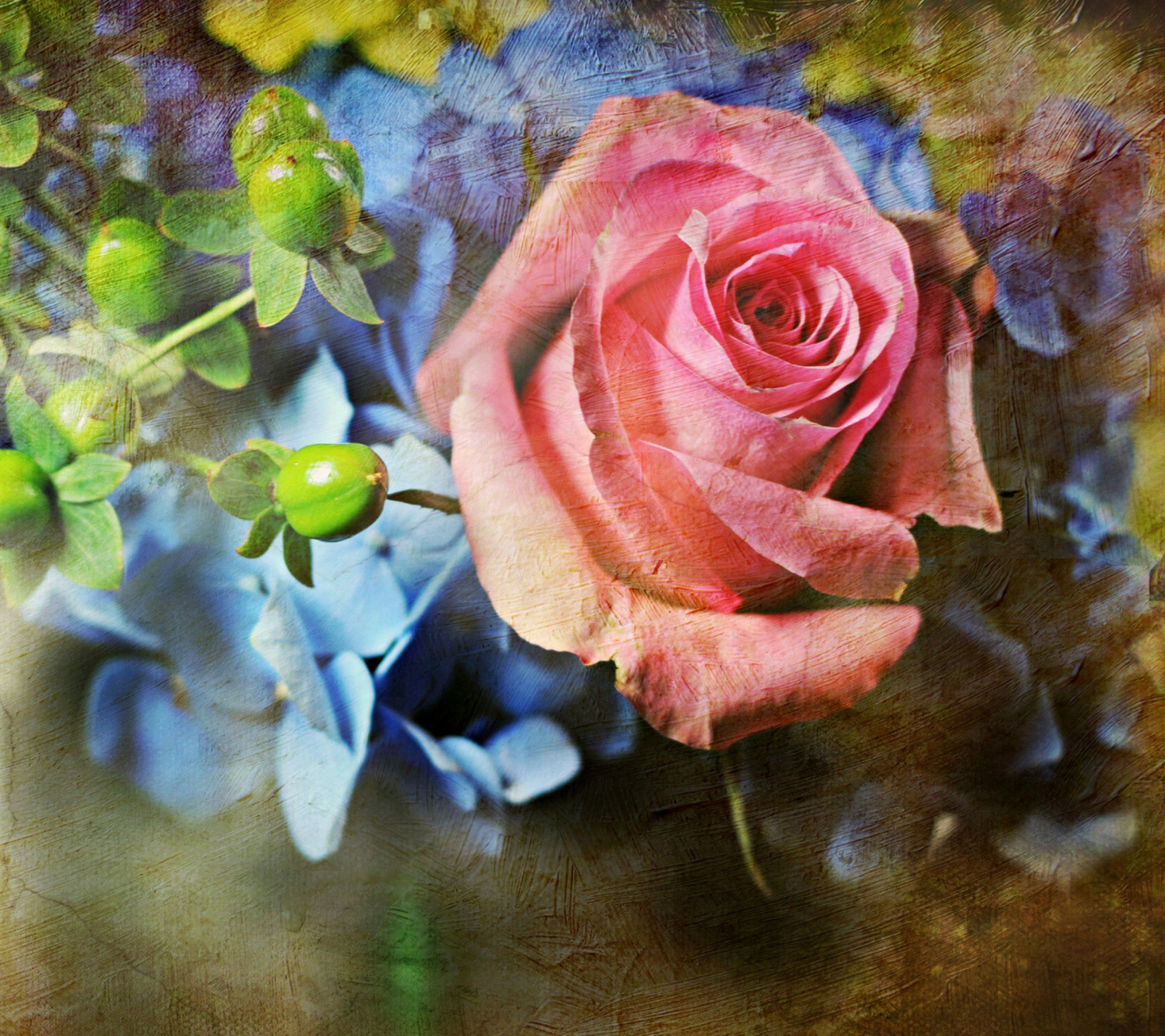 Das Pink Rose And Blue Flowers Wallpaper 1440x1280