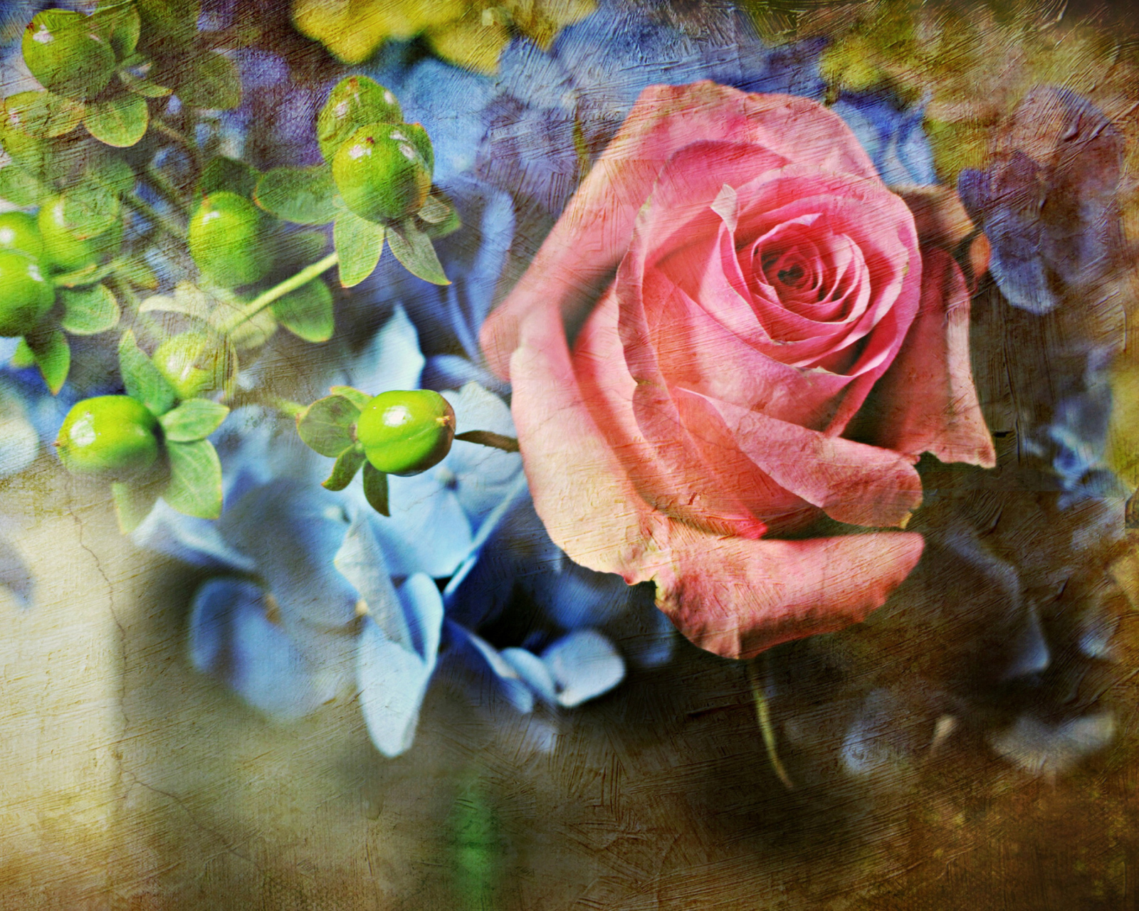 Pink Rose And Blue Flowers wallpaper 1600x1280