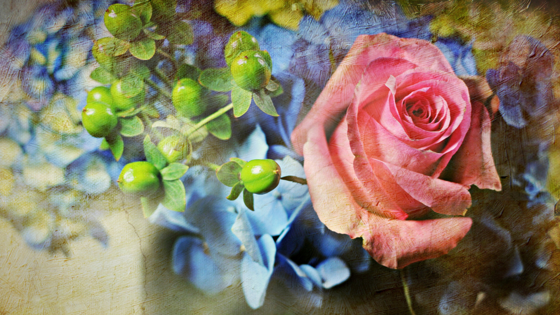 Pink Rose And Blue Flowers wallpaper 1920x1080