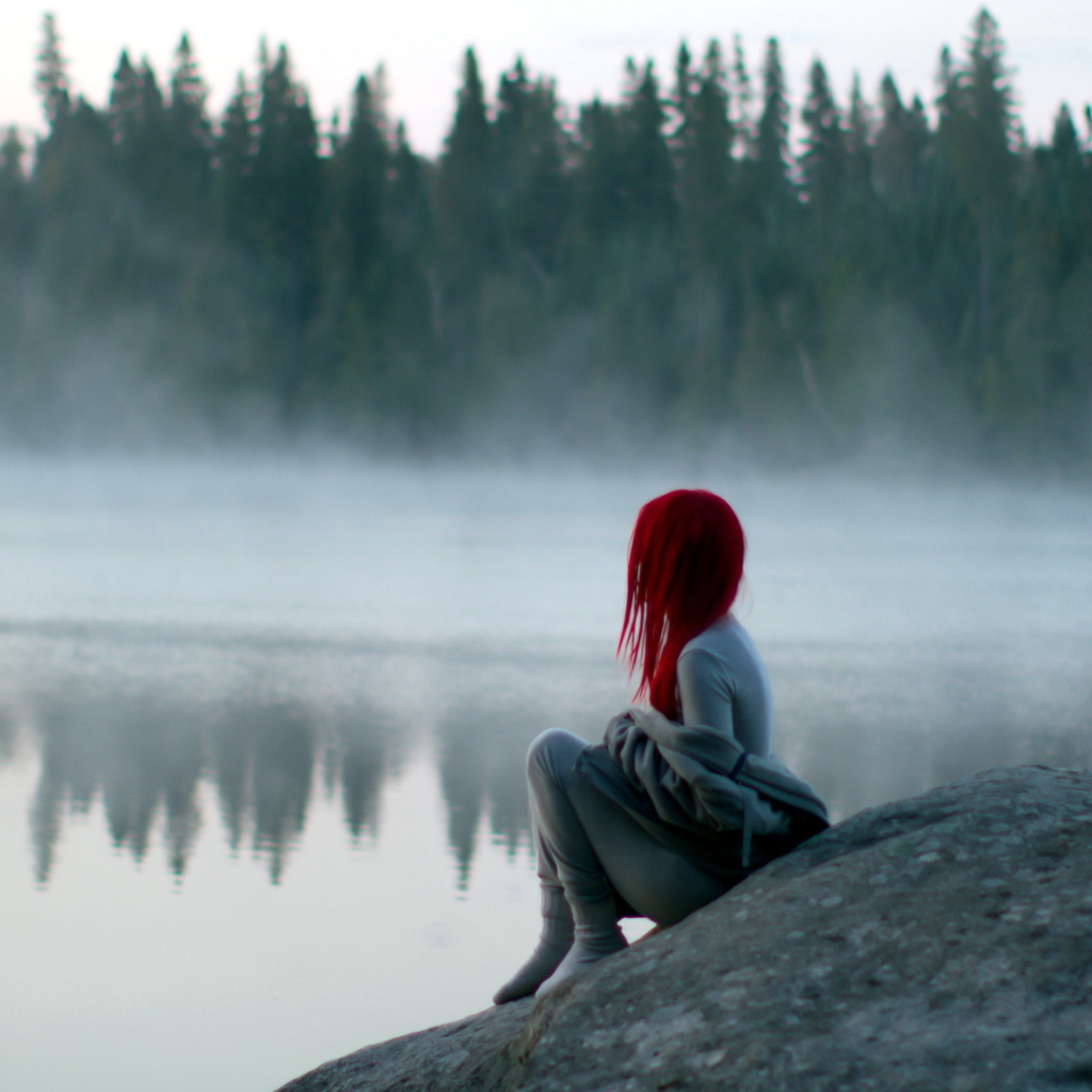 Sfondi Girl With Red Hair And Lake Fog 1024x1024