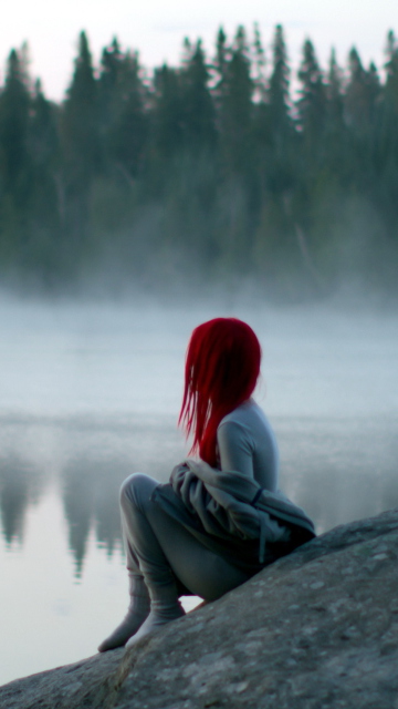 Sfondi Girl With Red Hair And Lake Fog 360x640