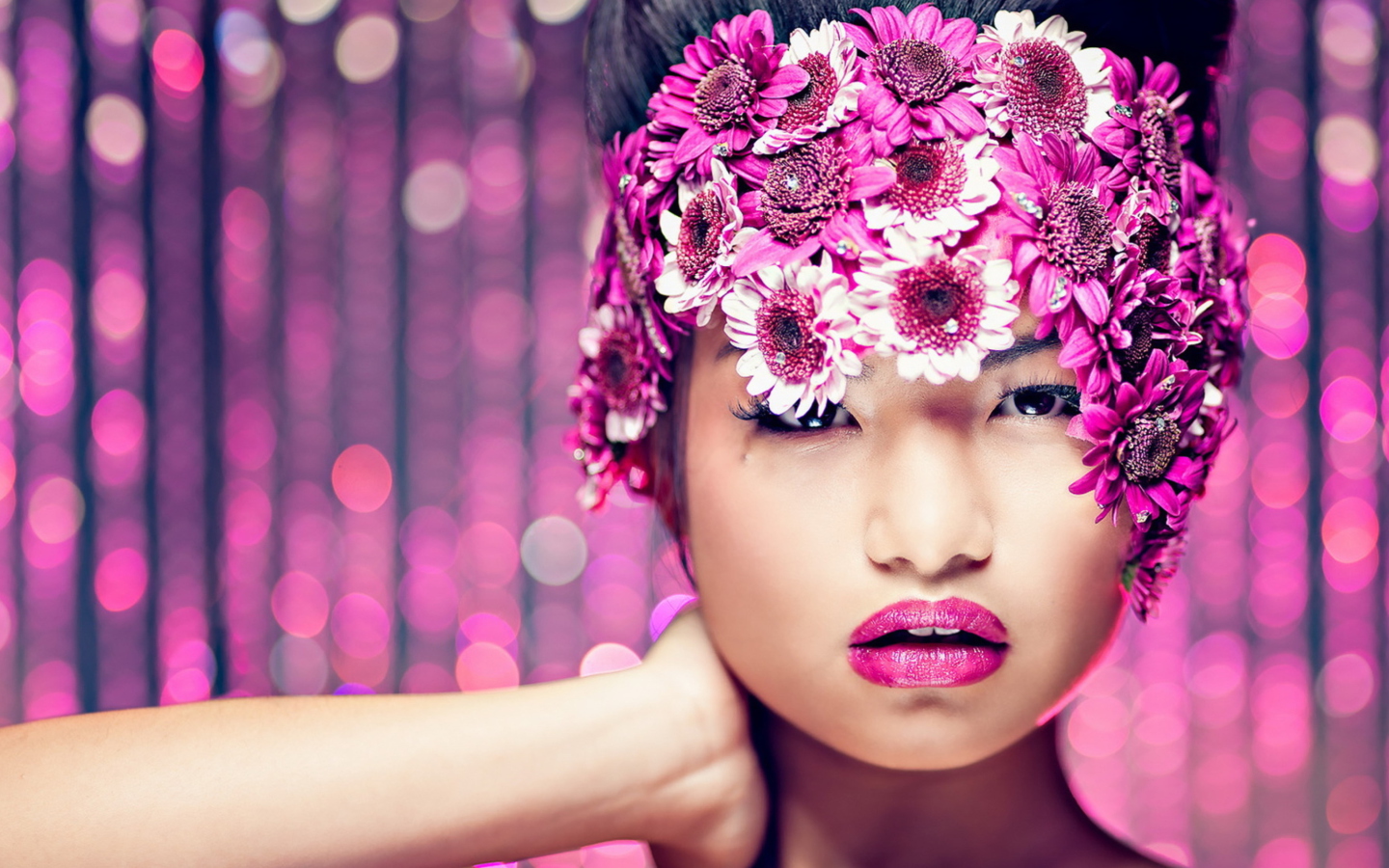 Обои Asian Fashion Model With Pink Flower Wreath 1440x900