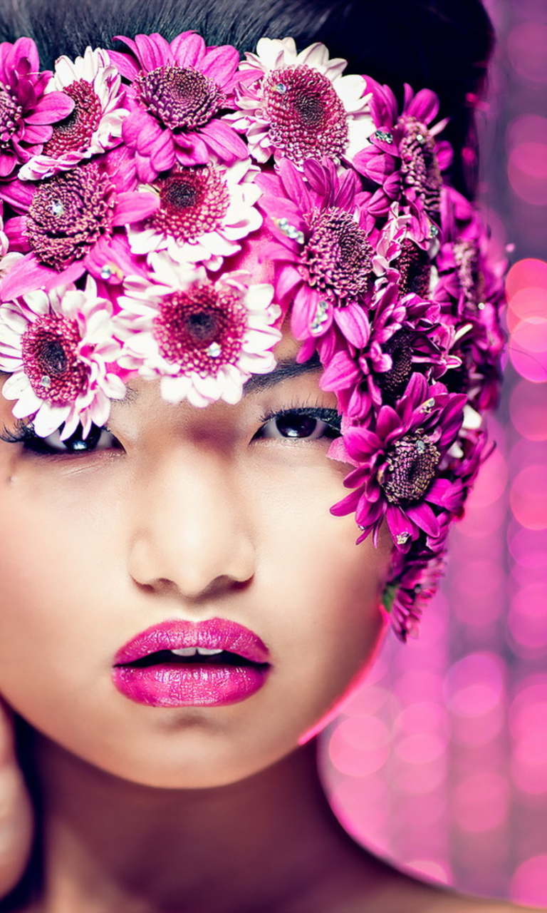 Asian Fashion Model With Pink Flower Wreath wallpaper 768x1280