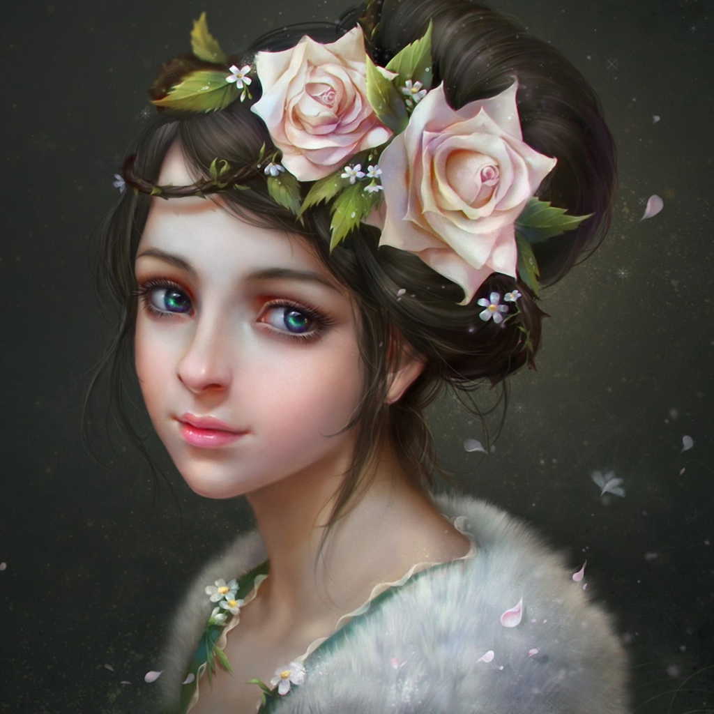 Girl With Roses In Her Hair Painting wallpaper 1024x1024