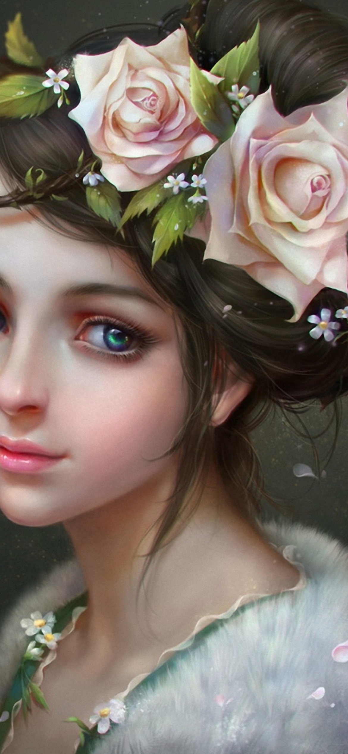 Fondo de pantalla Girl With Roses In Her Hair Painting 1170x2532