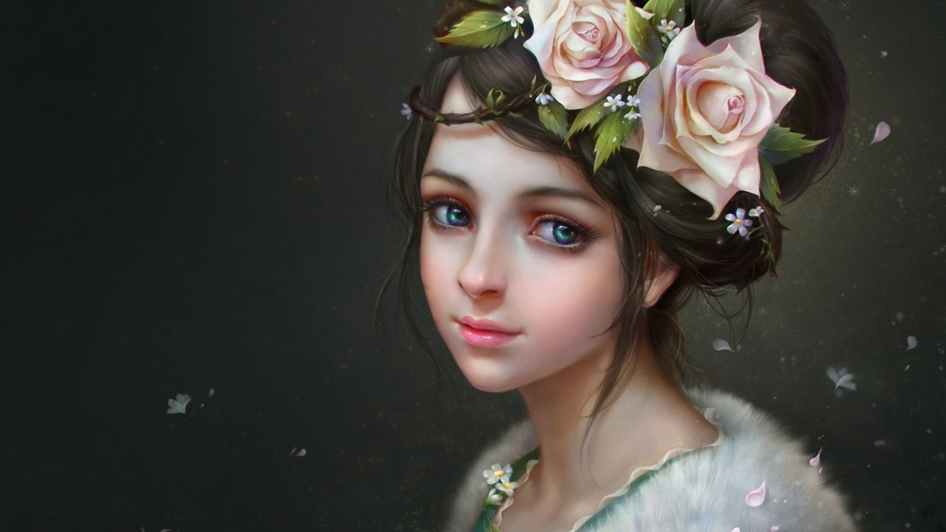 Girl With Roses In Her Hair Painting screenshot #1 1366x768