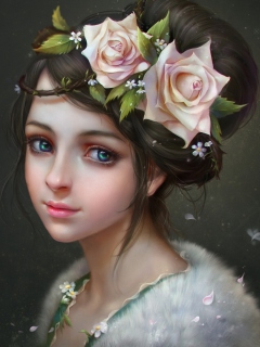 Das Girl With Roses In Her Hair Painting Wallpaper 240x320