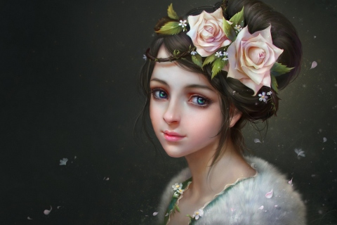 Das Girl With Roses In Her Hair Painting Wallpaper 480x320