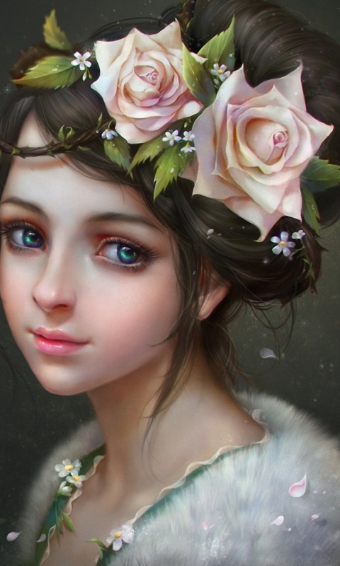 Das Girl With Roses In Her Hair Painting Wallpaper 480x800