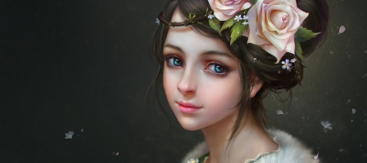 Das Girl With Roses In Her Hair Painting Wallpaper 720x320