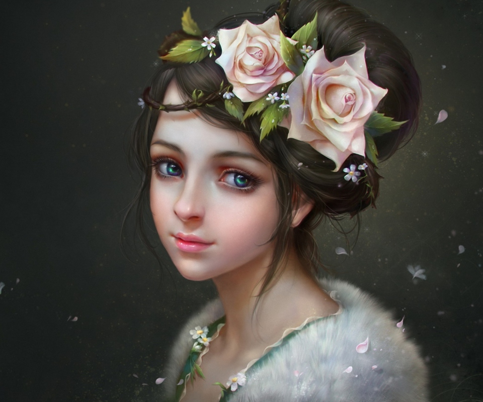 Fondo de pantalla Girl With Roses In Her Hair Painting 960x800