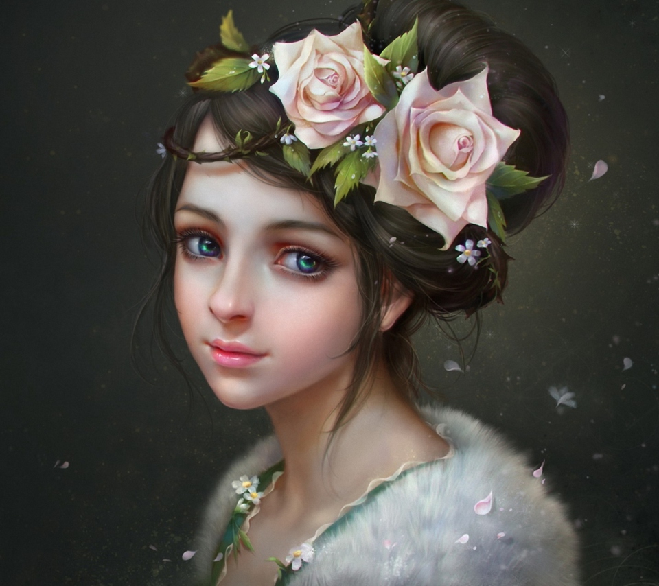 Girl With Roses In Her Hair Painting wallpaper 960x854
