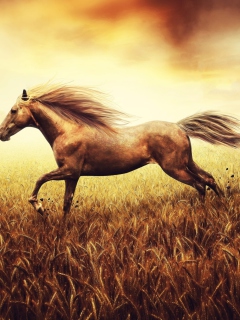 Das Horse Running In Wheat Field Wallpaper 240x320