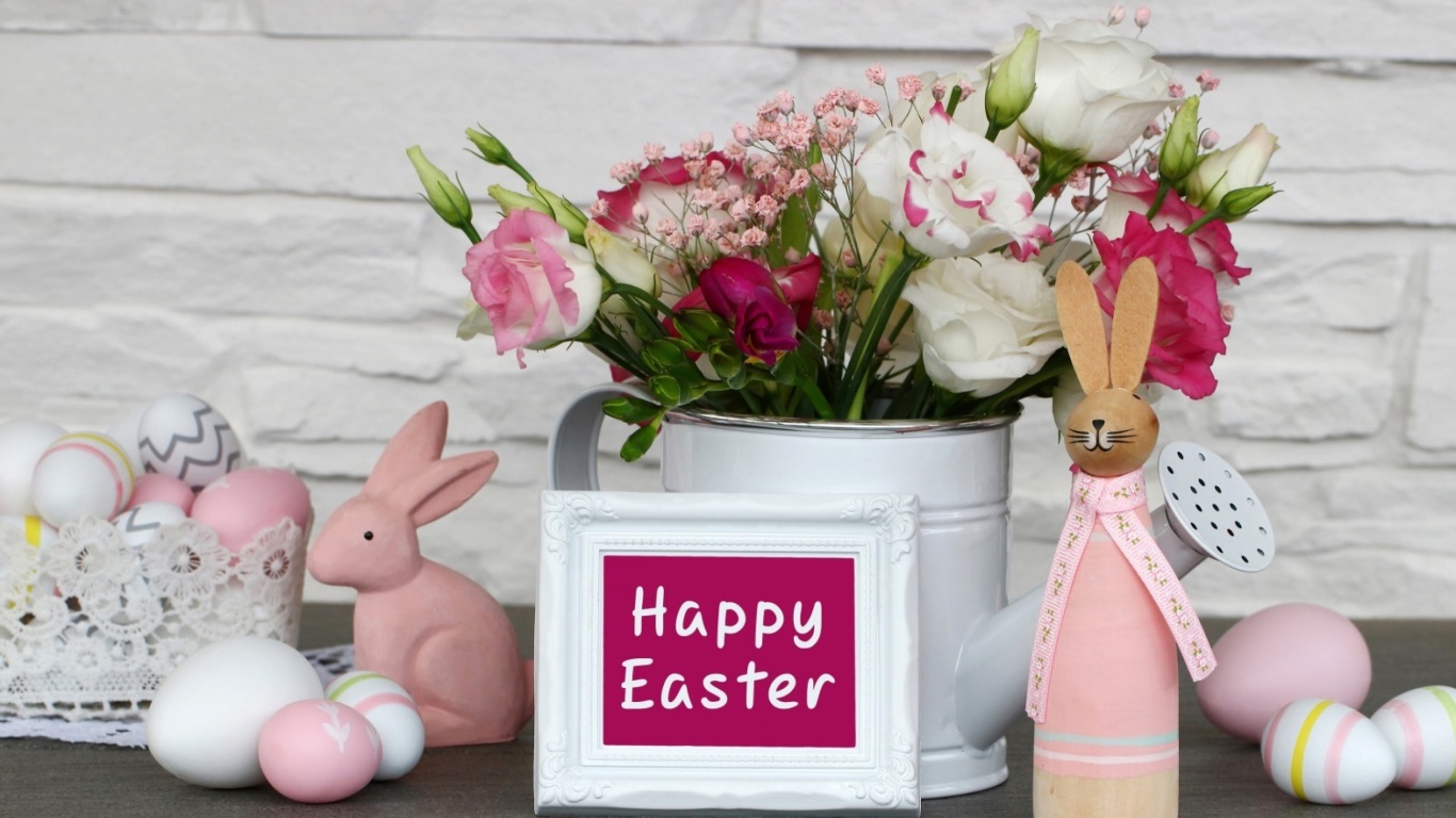 Das Happy Easter with Hare Figures Wallpaper 1366x768