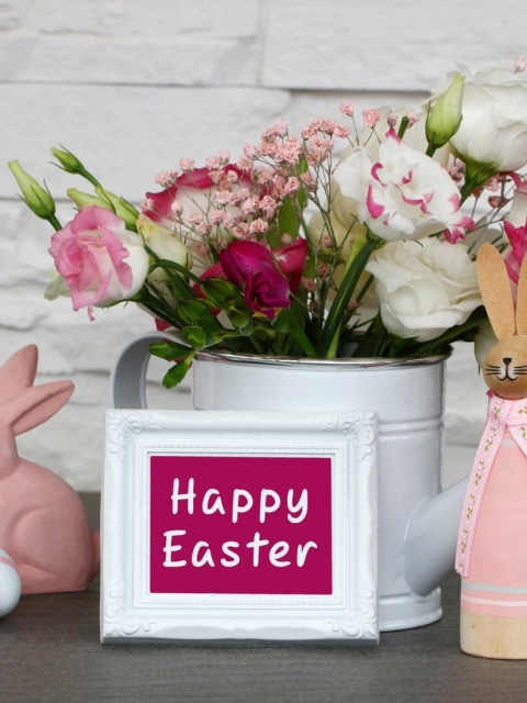 Happy Easter with Hare Figures wallpaper 480x640