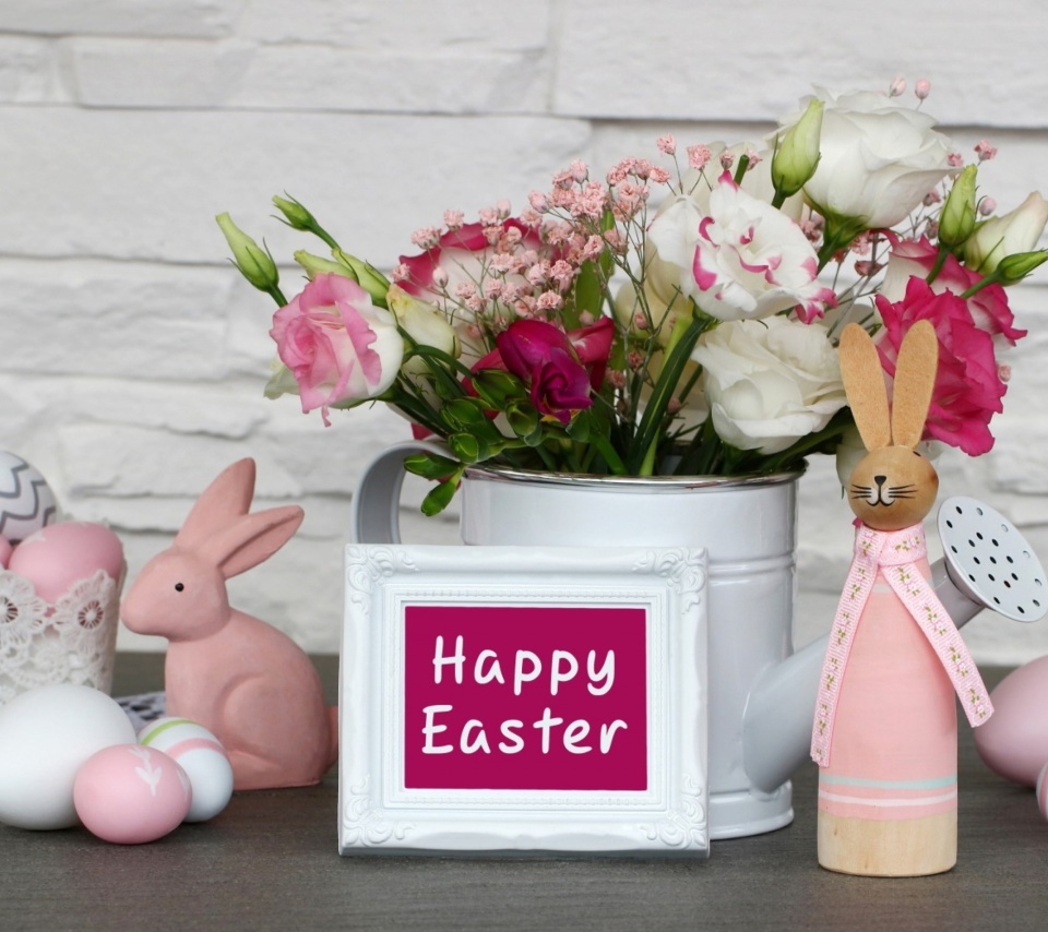 Happy Easter with Hare Figures wallpaper 960x854