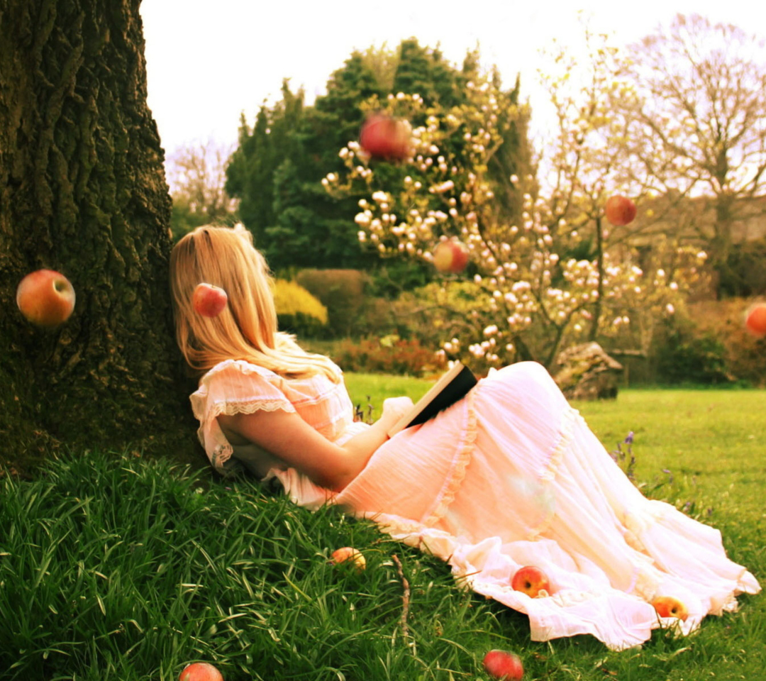 Blonde Girl Reading Book Under Tree wallpaper 1080x960