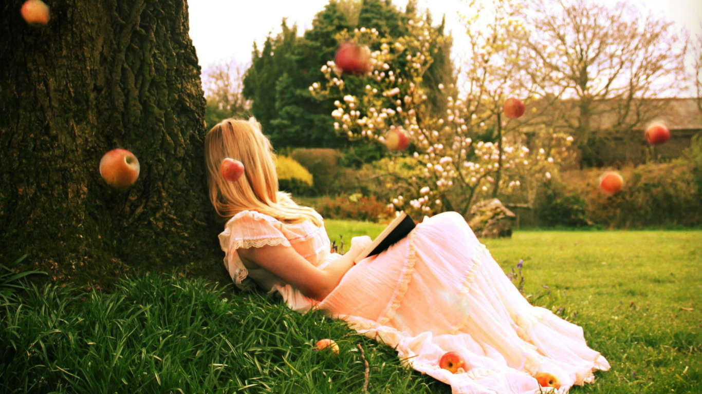 Blonde Girl Reading Book Under Tree wallpaper 1366x768