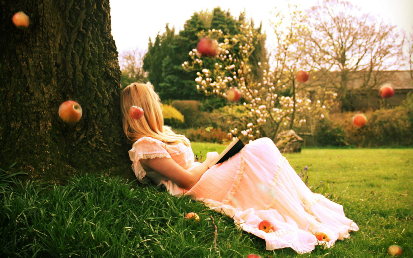 Blonde Girl Reading Book Under Tree screenshot #1 1440x900