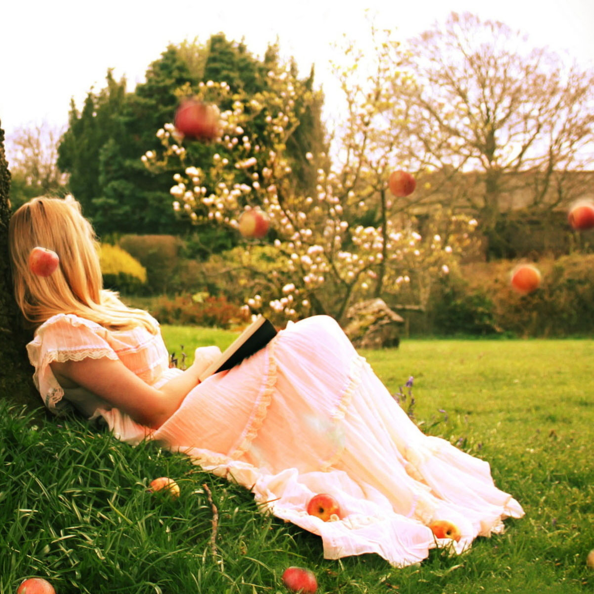 Fondo de pantalla Blonde Girl Reading Book Under Tree 2048x2048