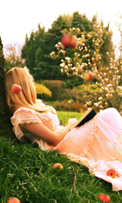 Blonde Girl Reading Book Under Tree wallpaper 240x400