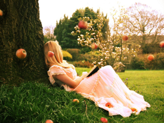 Обои Blonde Girl Reading Book Under Tree 320x240