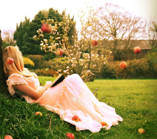 Blonde Girl Reading Book Under Tree Background for Nokia 6100