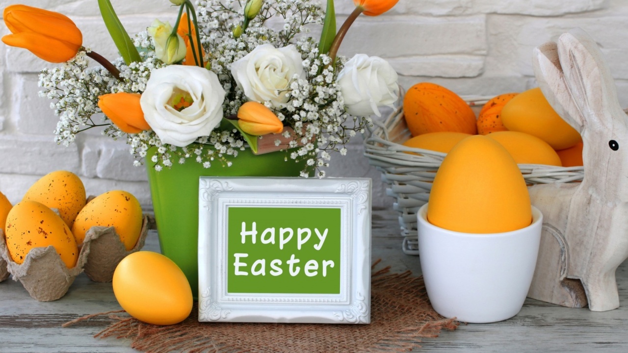 Обои Easter decoration with yellow eggs and bunny 1280x720