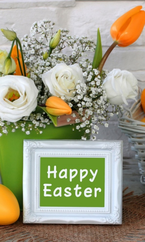 Fondo de pantalla Easter decoration with yellow eggs and bunny 480x800