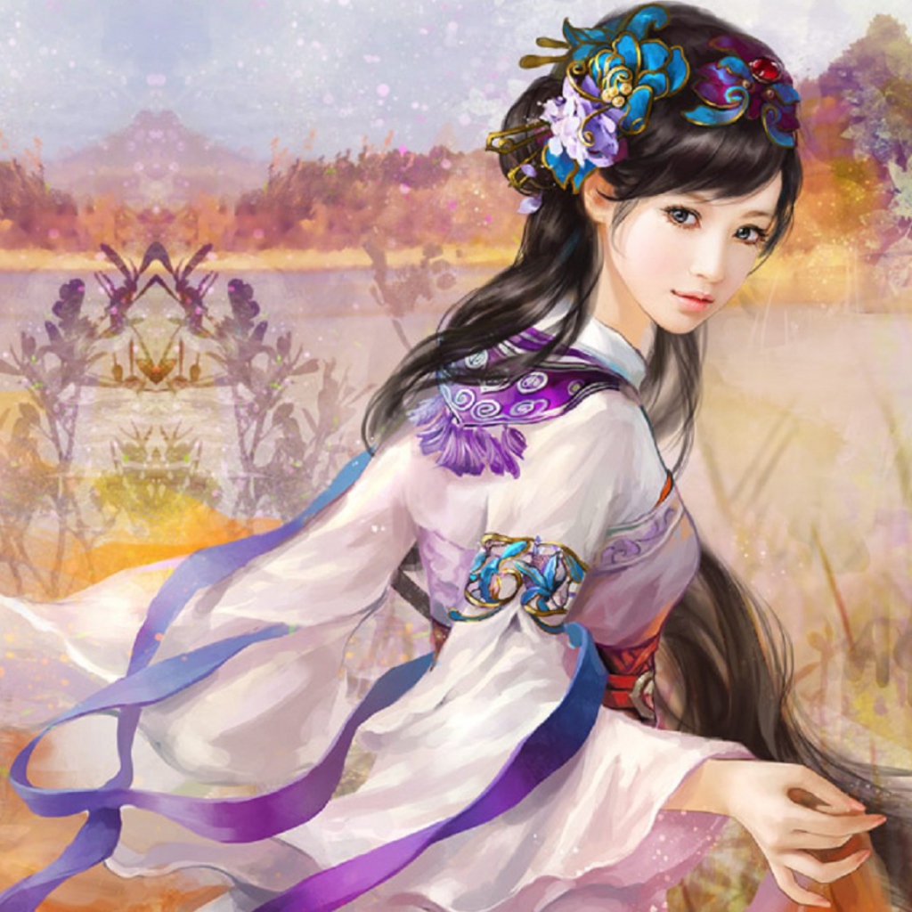 Das Japanese Woman In Kimono Illustration Wallpaper 1024x1024