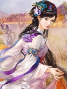 Japanese Woman In Kimono Illustration wallpaper 132x176