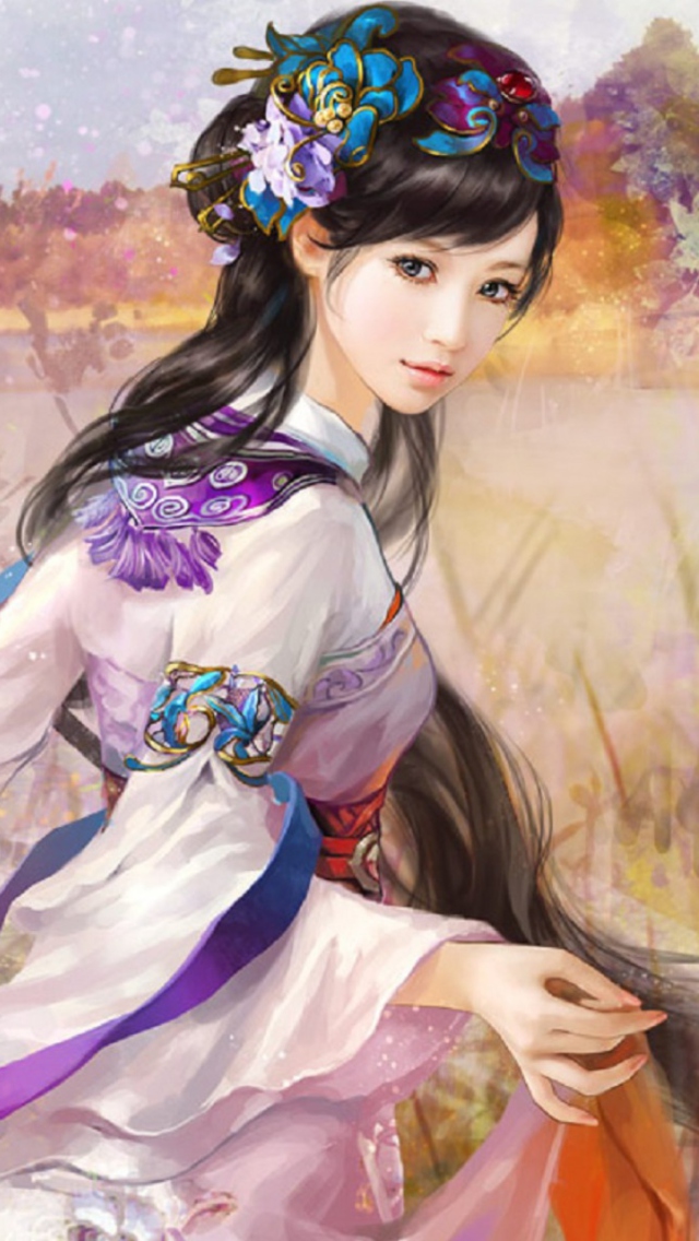 Das Japanese Woman In Kimono Illustration Wallpaper 640x1136