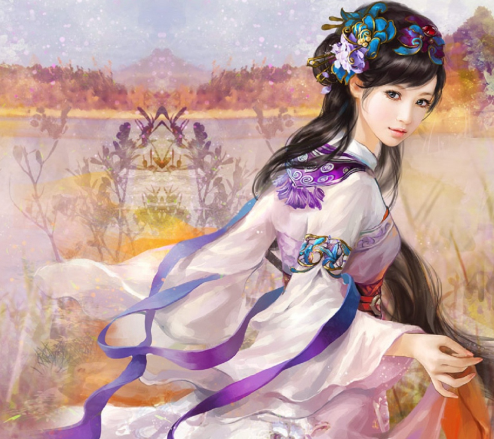 Japanese Woman In Kimono Illustration wallpaper 960x854