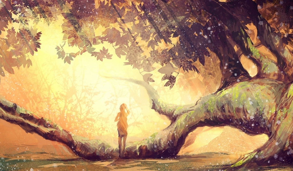 Das Girl And Fantasy Tree Wallpaper 1024x600