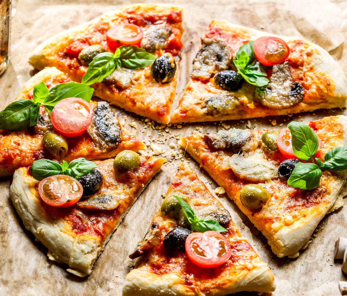 Pizza with olives wallpaper 1200x1024