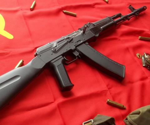 AK47 Assault Rifle and USSR Flag wallpaper 480x400