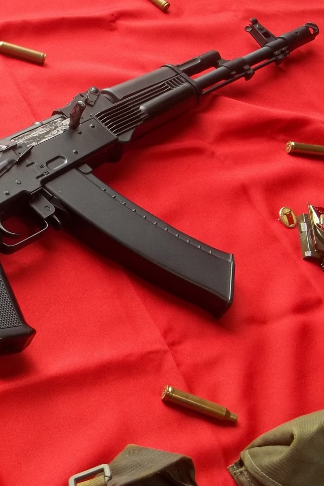 AK47 Assault Rifle and USSR Flag wallpaper 640x960