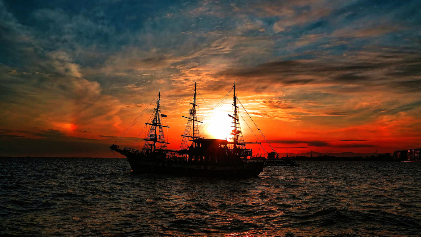 Sfondi Ship in sunset 1366x768