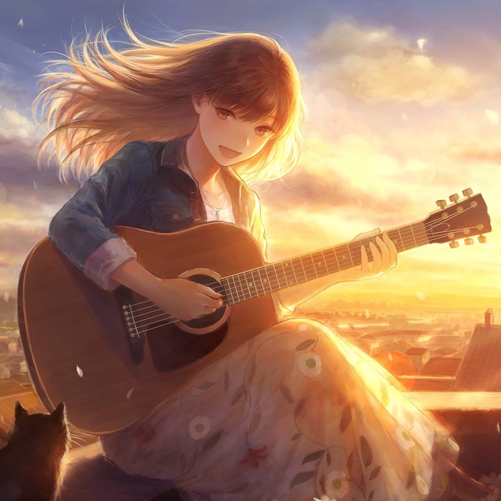Anime Girl with Guitar wallpaper 1024x1024