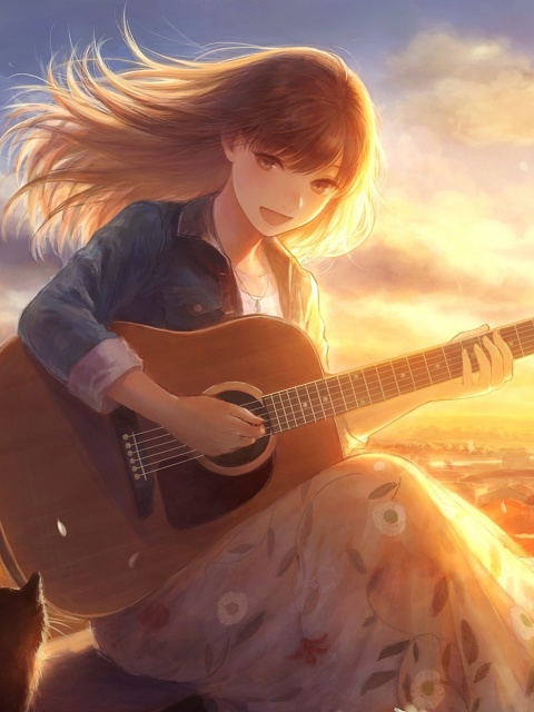 Anime Girl with Guitar wallpaper 480x640