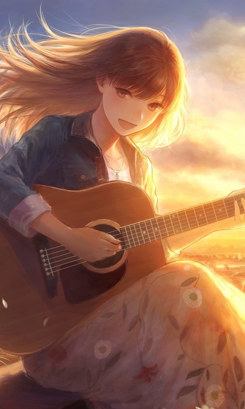 Anime Girl with Guitar wallpaper 480x800
