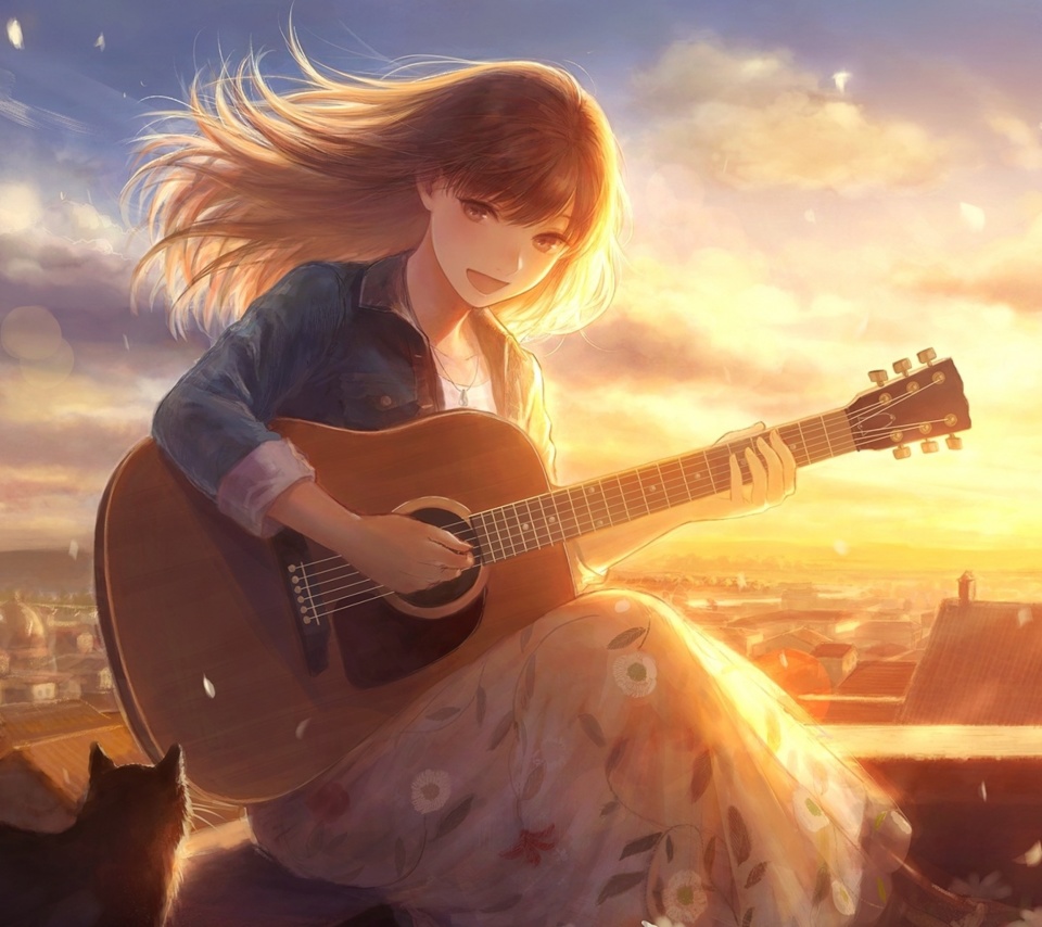 Das Anime Girl with Guitar Wallpaper 960x854