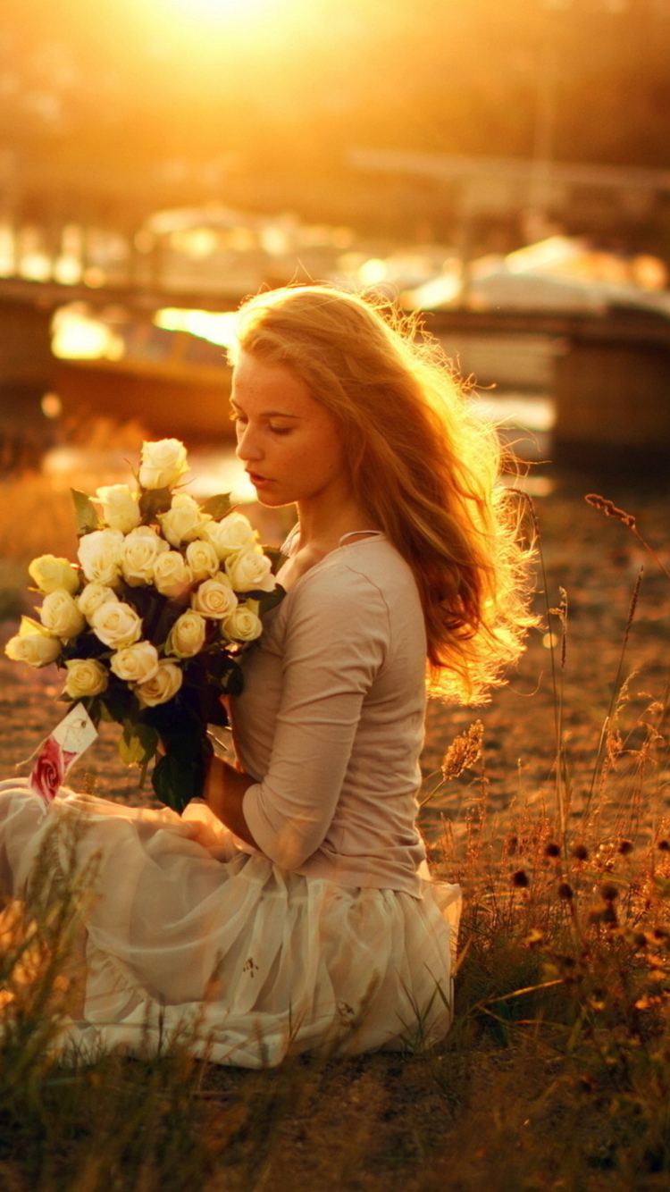 Pretty Girl With White Roses Bouquet wallpaper 750x1334